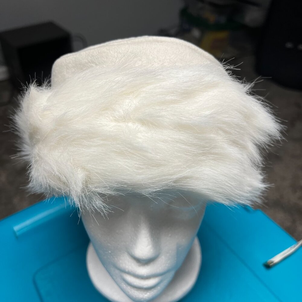 Faux fur white winter pillbox hat